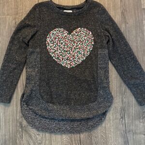 Girls M 10 12 Gray Long Sleeve Christmas Heart Sequin Sparkle Sweater Top